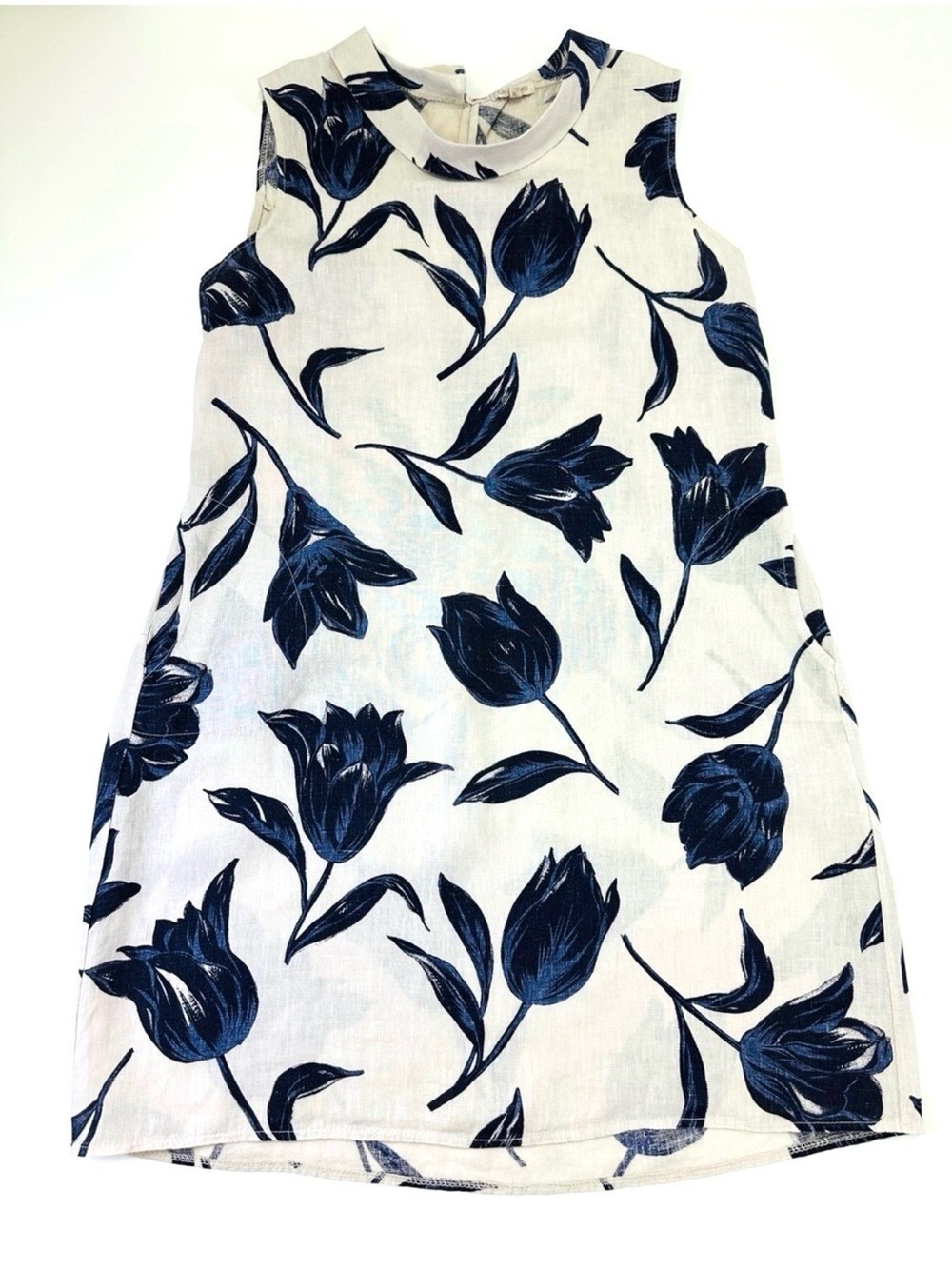 Lina Tomei Linen Tulip Print Dress XL Made in Italy Sleeveless Stretch Panels